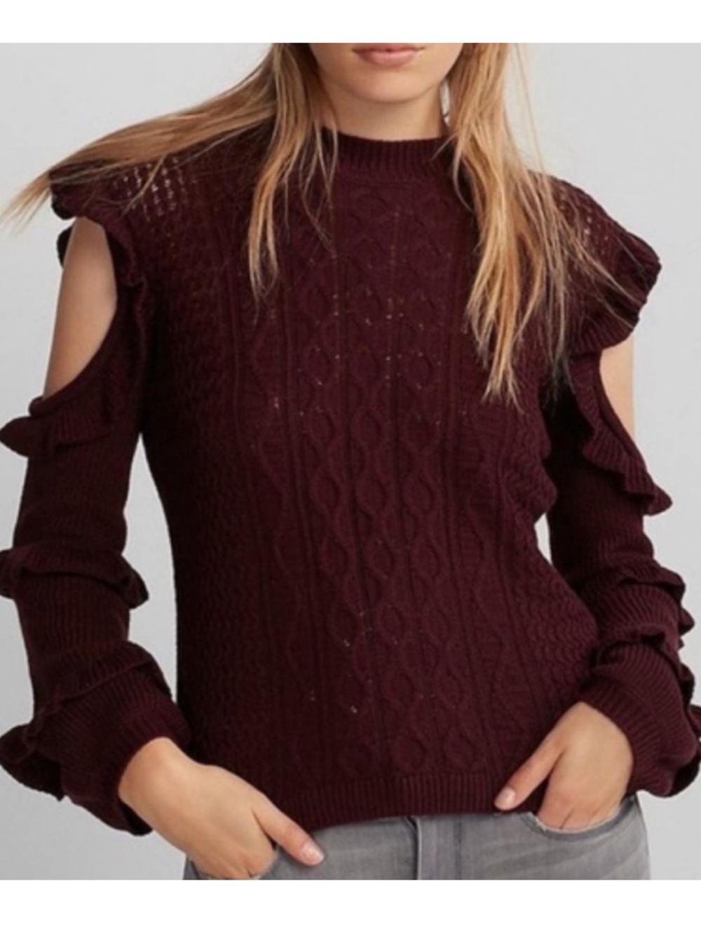 Express Cold Shoulder Ruffle Sweater Pullover Maroon - Picture 2 of 7